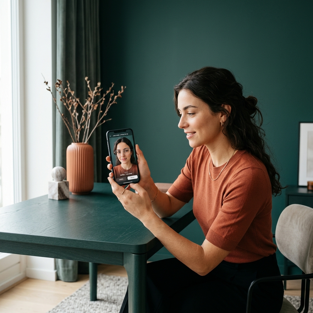 Woman using virtual try-on to preview eyeglasses on her phone